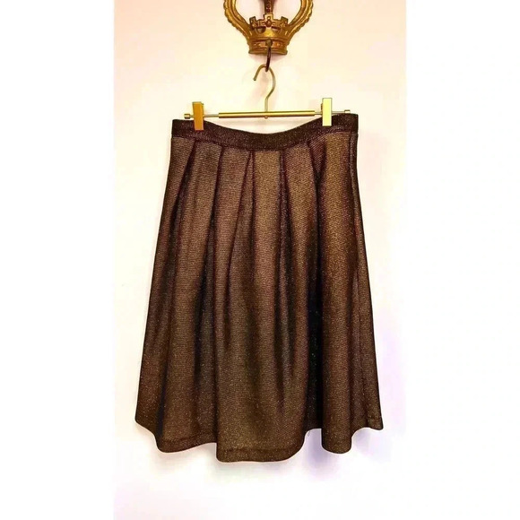 Available By Angel Fashion Gold Black Pleated Lined Flared A-Line Skirt Medium - Picture 2 of 10